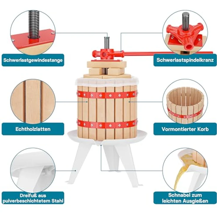 Wiltec Set 12L Obstpresse aus Buchenholz mit 7L Trichter, Presstuch und Obstmühle zur Saft- und Weinherstellung – Bild 4