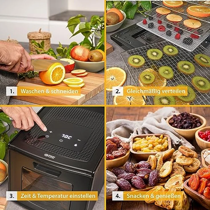 TZS First Austria Dörrautomat | Dörrgerät für Obst, Kräuter, Pilze und Fleisch | digital mit 24h-Timer und Temperaturregler 35-70°C | 6 Etagen, Dörrtablets aus Edelstahl, Dörrapparat mit Zeitschaltuhr – Bild 5