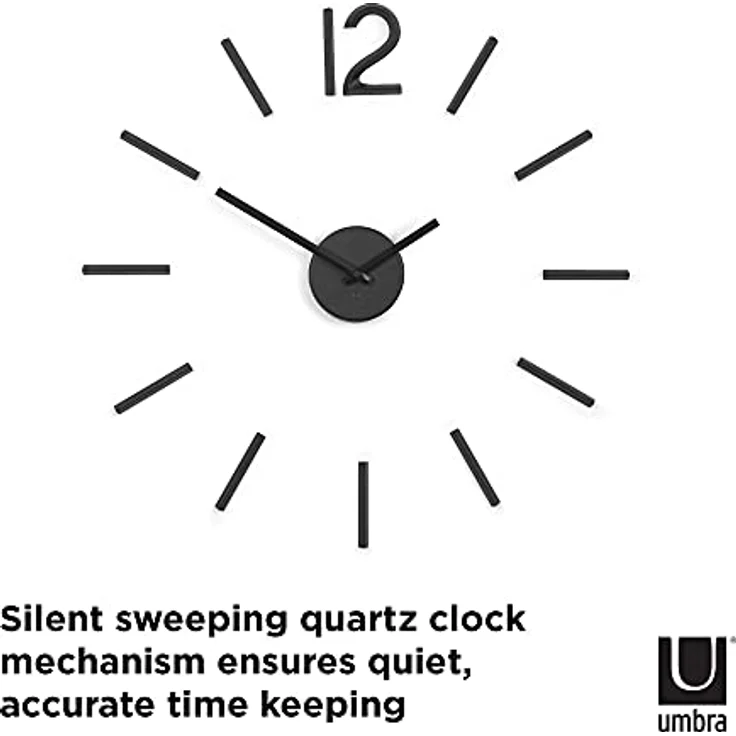 Umbra Blink, Moderne und Minimalistische DIY Quarz Wanduhr ohne Rahmen, Ziffern zum Aufkleben, Wanddekoration für Küche, Büro, Schlafzimmer und Wohnzimmer, Metall, Schwarz – Bild 4