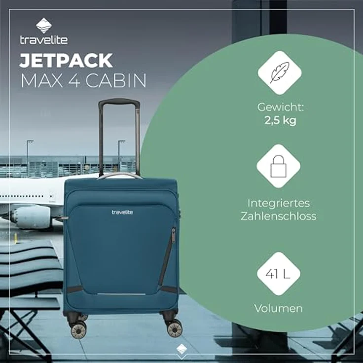 Travelite Handgepäck Koffer JETPACK, 55x40x23 cm, 41 l, 2,5 kg, Petrol, mit integriertem Zahlenschloss – Bild 2