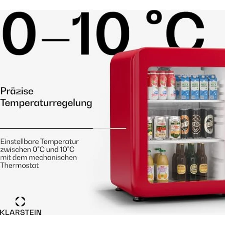Klarstein Audrey Evo Getränkekühlschrank, 68 Liter, 67 cm hoch, Retro-Optik, energieeffizient, umkehrbare Tür, rot – Bild 4
