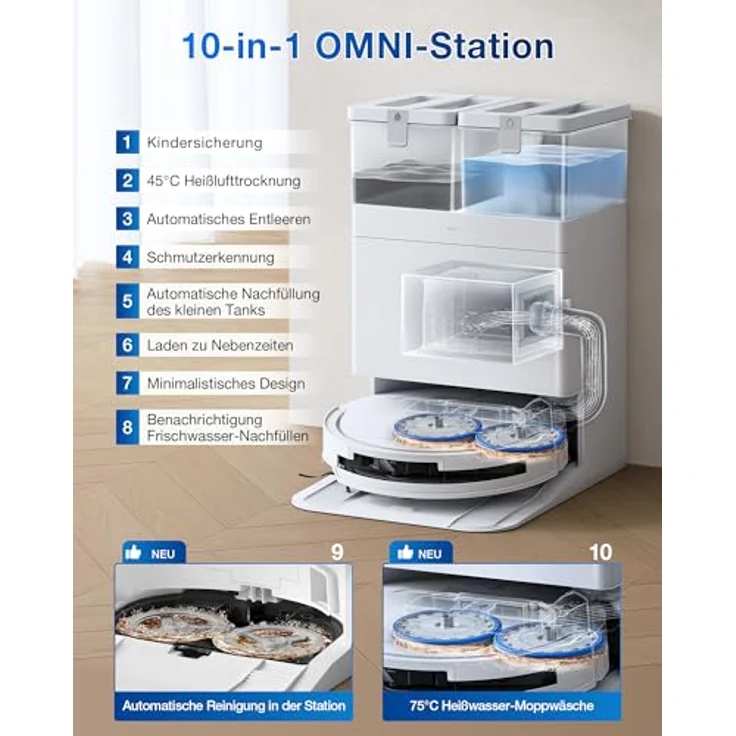 ECOVACS DEEBOT T50 OMNI WHITE GEN2, Saugroboter mit 21.000 Pa Saugkraft, Staubbeutel, Saug- und Wischfunktion, automatische OMNI-Station – Bild 5