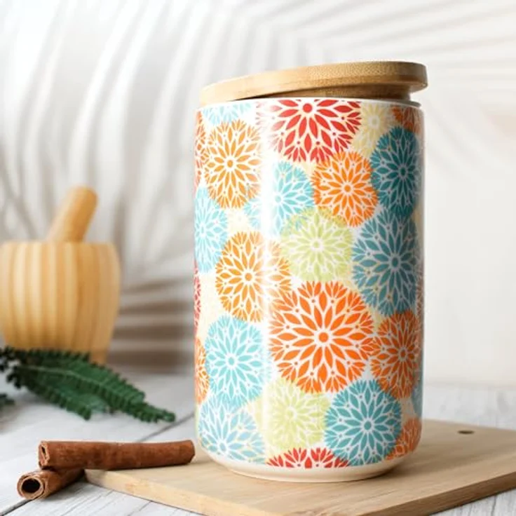 Sendez Vorratsdose Porzellan 800 ml, luftdicht mit Bambusdeckel, bunte Boho Blumen Design für Kaffee, Tee, Zucker und Gewürze – Bild 3