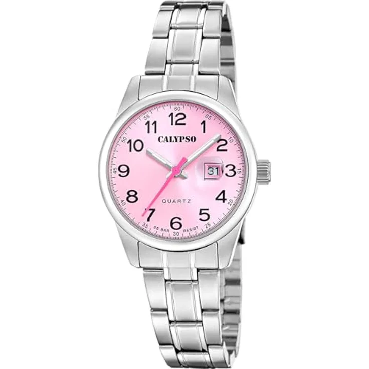 CALYPSO WATCHES Quarzuhr mit rosafarbenem Sunray-Zifferblatt, Datumsanzeige, Edelstahl-Gehäuse und lumineszierenden Zeigern, wasserdicht bis 5 bar