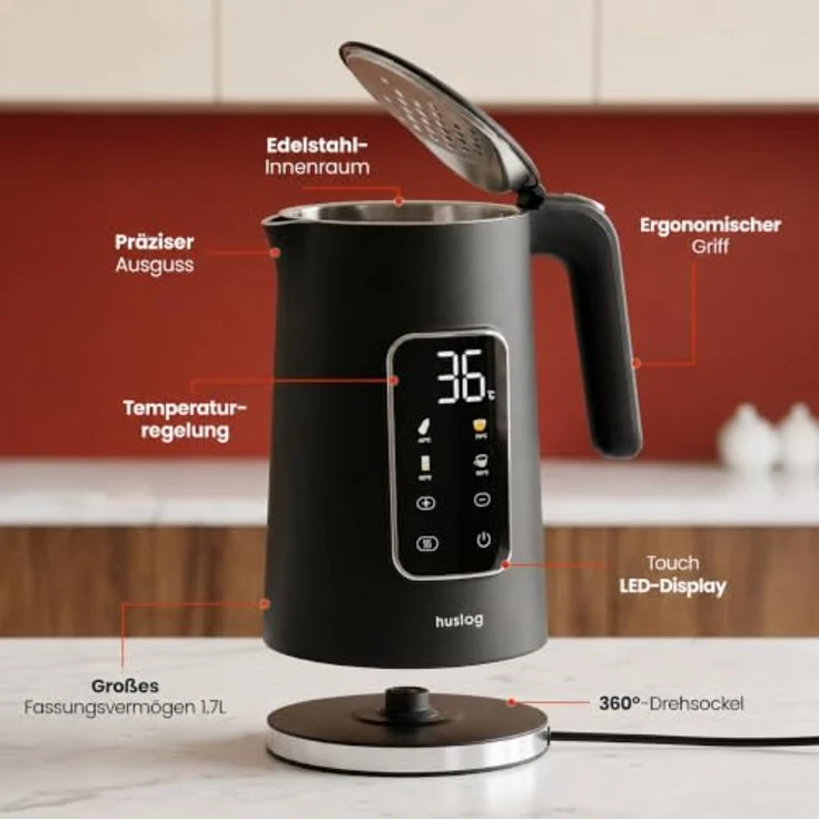 Huslog Elektrischer Wasserkocher AK-02014H, 1,7L mit Touchscreen, 2200W, präzise Temperaturregelung und Warmhaltefunktion – Bild 7