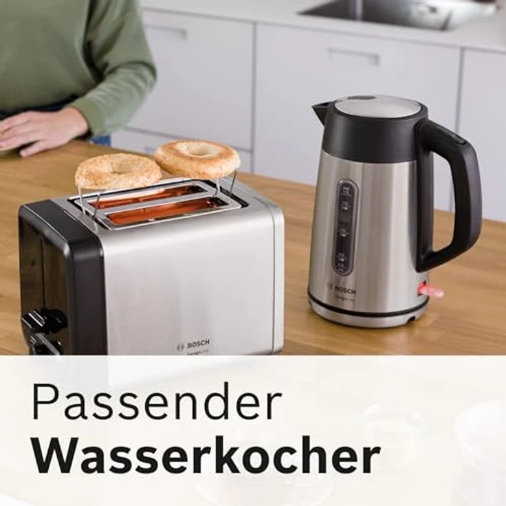 Bosch TAT4P420DE DesignLine Toaster, 970W, Auftau-Aufwärmfunktion, versenkbarer Brötchenaufsatz, Abschaltautomatik, schwarz, silber – Bild 5