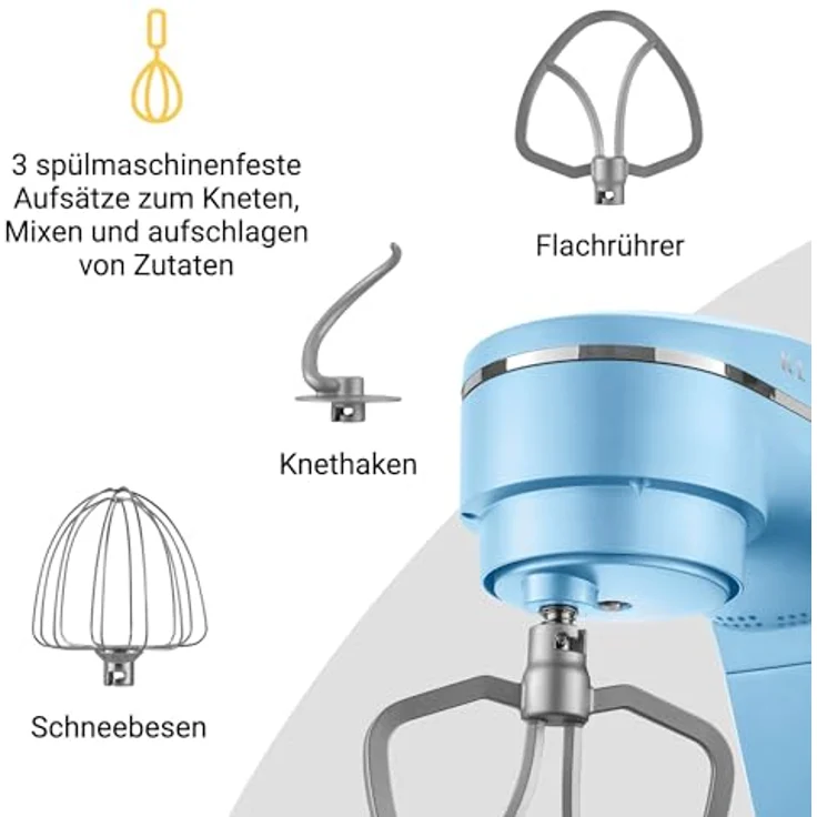 KLAMER Küchenmaschine 1800W, Knetmaschine mit 6 Liter Edelstahl Schüssel, 10 Geschwindigkeitsstufen mit Timer, Rührbesen, Knethaken, Schneebesen und Spritzschutz – Bild 4