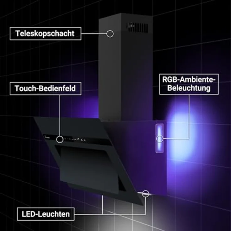 KKT KOLBE PLOOM8005S Dunstabzugshaube 80 cm, A+++ Kopffrei, 782 cbm/h Umluft/Abluft, Glas Matt Schwarz, Smart WiFi App, SensorTouch, RGBW LED-Beleuchtung, Nachlaufautomatik – Bild 4