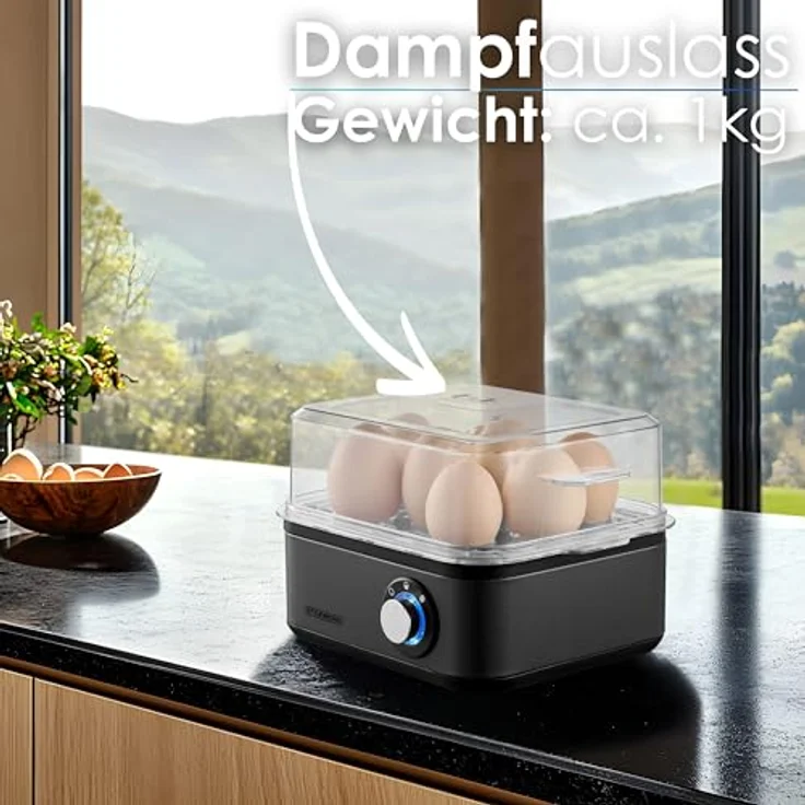 Steinborg Eierkocher für 1 bis 8 Eier | Edelstahl 500 Watt | 3 Härtegrade BPA-Frei & Spülmaschinenfest LED Drehschalter - Robust & Langlebig – Bild 4