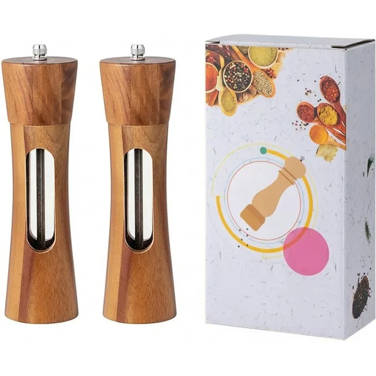 JASLIFE Salz-/Pfeffermühle 18,7 cm, manuelle Gewürzmühle mit einstellbarem Keramikmahlwerk, Holzgehäuse, 2er Set