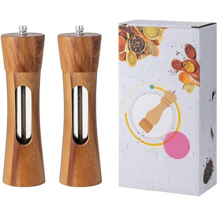 JASLIFE Salz-/Pfeffermühle 18,7 cm, manuelle Gewürzmühle mit einstellbarem Keramikmahlwerk, Holzgehäuse, 2er Set