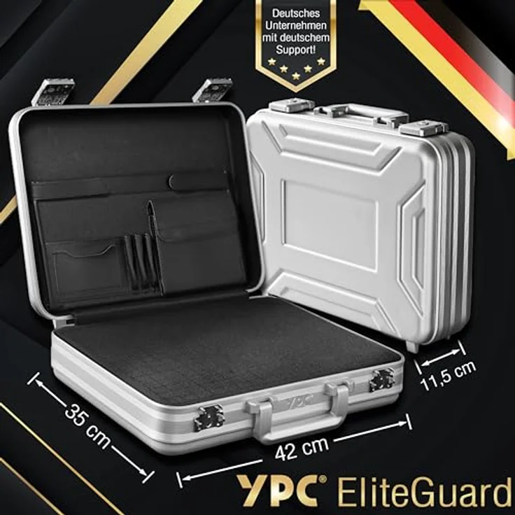 YPC EliteGuard - Voll-Aluminium Koffer 420x350x115mm, nicht brennbares Gehäuse, Hartschalenkoffer mit individuell anpassbarem Schaumstoff und TSA-Zahlenschloss, vielseitig einsetzbar als Aktenkoffer, Waffenkoffer oder Werkzeugkoffer – Bild 2