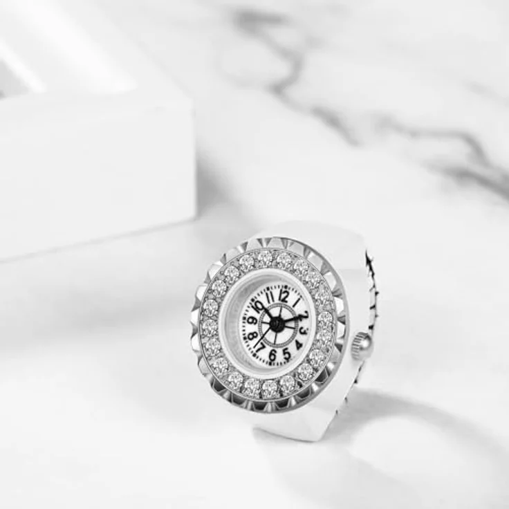 JewelryWe Ringuhr Damen, Elastisch mit Glitzer Strass - Rund Analog Quarz, Weiß Legierung, 10m wasserdicht – Bild 2