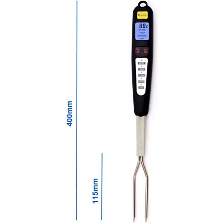 250 Grad digitales Grillthermometer Fleischthermometer Bratenthermometer Ofenthermometer mit Edelstahlsonden und blauer Hinterbeleuchtung Grillgabel mit 4 Programmen und 5 Fleischsorten – Bild 4