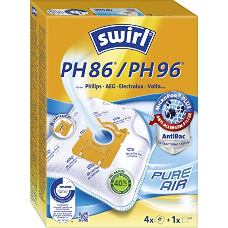 Swirl PH86/PF99 MicroPor® Plus Green Staubsaugerbeutel, 4er Pack mit Anti-Allergen-Filter und Dirtlock® Staubverschluss