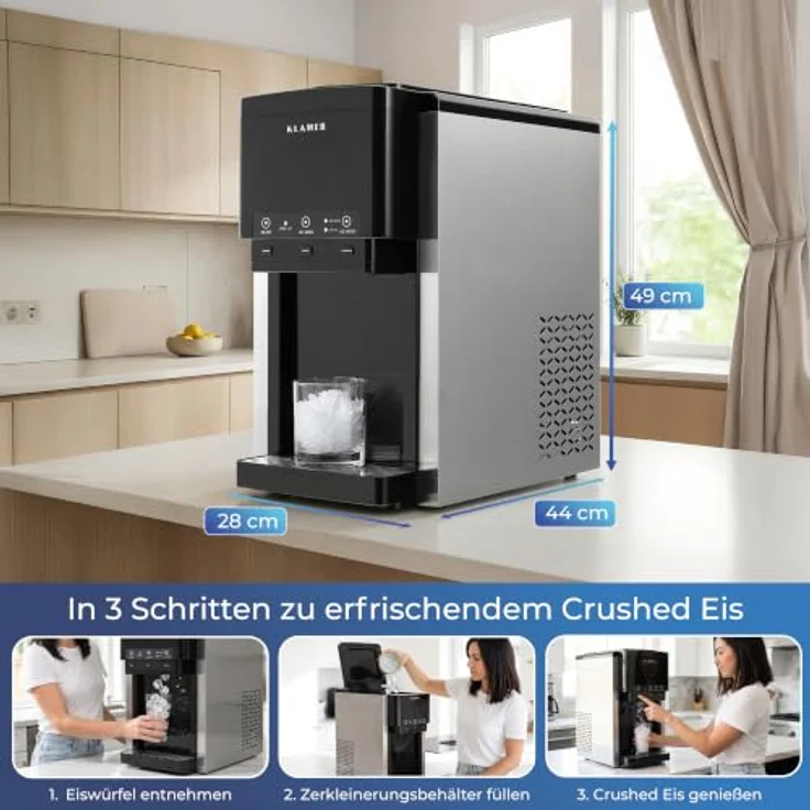 KLAMER 3-in-1 Eiswürfelmaschine mit Crushed Ice, Wasserspender, Selbstreinigung, Edelstahl, Schwarz, 12 Eiswürfel in 7-12 min – Bild 3