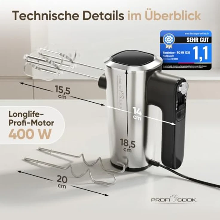 ProfiCook Handmixer PC-HM 1335, 400W mit 5 Geschwindigkeitsstufen und Turbo-Funktion, Edelstahlquirle und -knethaken – Bild 7
