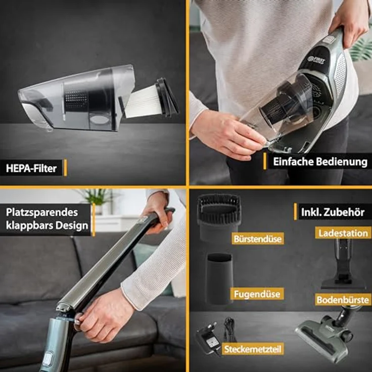TZS First Austria 2in1 Stiel- und Handstaubsauger | bis zu 60 min Akkulaufzeit | Bodenbürste mit LED-Licht | Wandladestation | Beutellos | Kabellos | grau – Bild 4