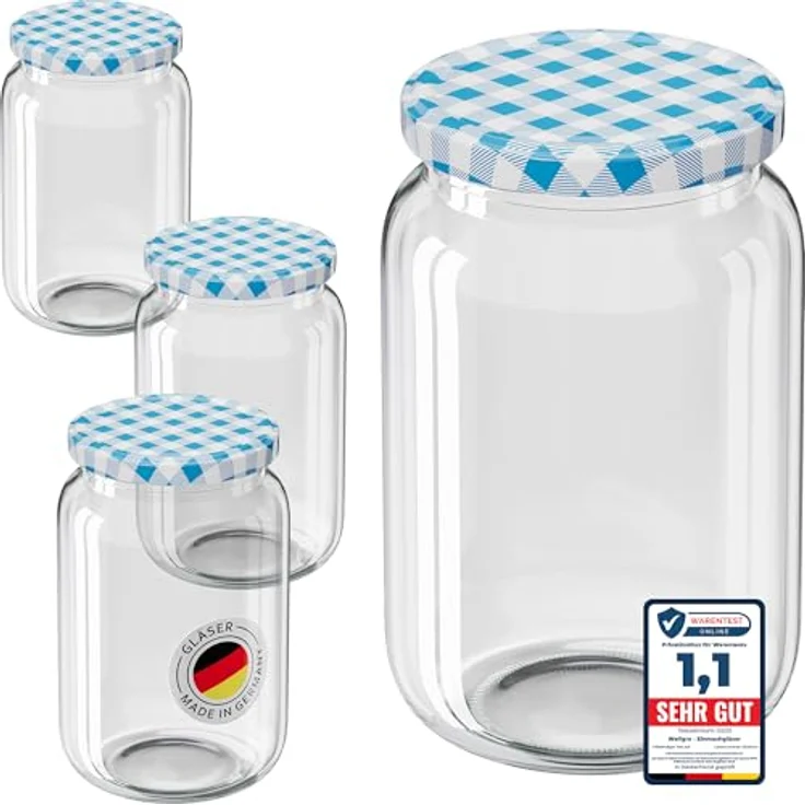 WELLGRO 6x Einmachgläser mit Schraubdeckel, 720ml, blau kariert To 82, Made in Germany, luftdicht, spülmaschinengeeignet, ideal für Vorratshaltung und kreative Projekte – Bild 1