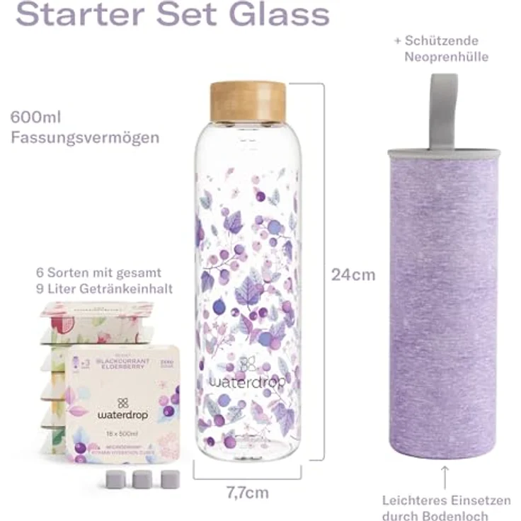 waterdrop® Weihnachts-Geschenk Set: Glasflasche mit 18 Microdrinks - 6 Sorten, 600ml Borosilikatglas, Trinkflasche Kohlensäure geeignet, Zuckerfreies Pulver, Geschenkset für Frauen & Männer – Bild 5