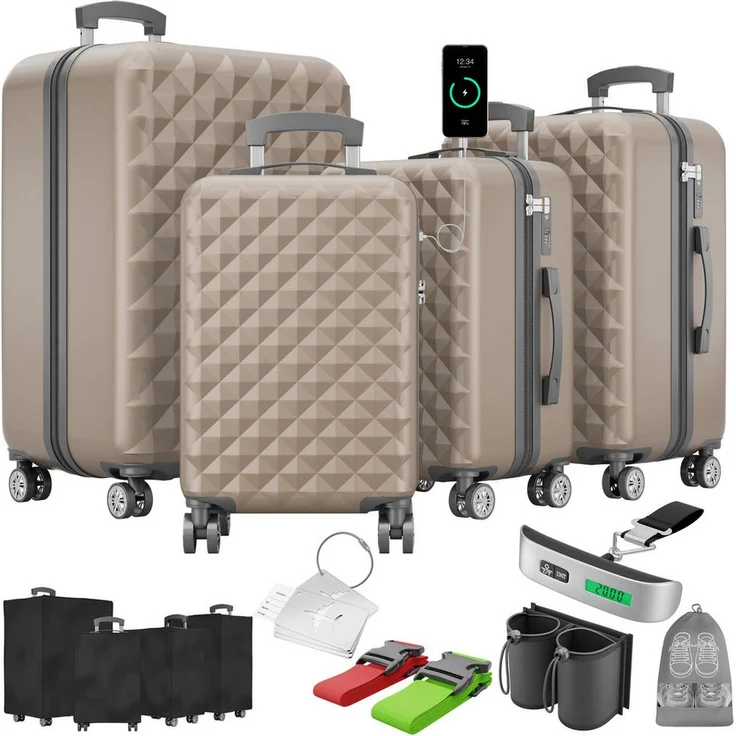 Onbest 4-teiliges Kofferset Hartschalen Trolley PREMIUM S-M-L-XL mit TSA-Schloss, USB-C Anschluss, umfangreichem Zubehör, in 6 Farben erhältlich