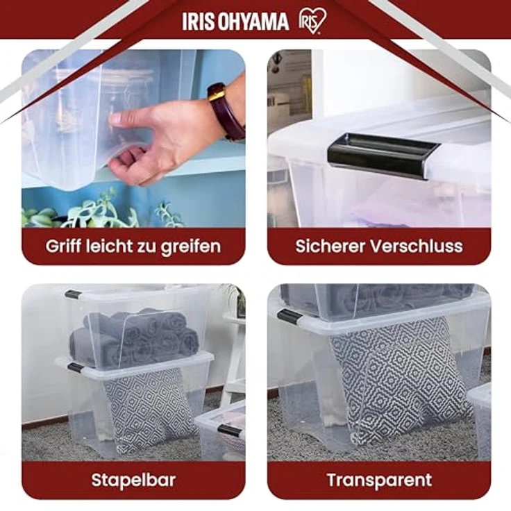 IRIS OHYAMA stapelbare Aufbewahrungsboxen mit Klickverschluss, Plastik, transparenter Deckel, 60 L, 2er Set – Bild 5