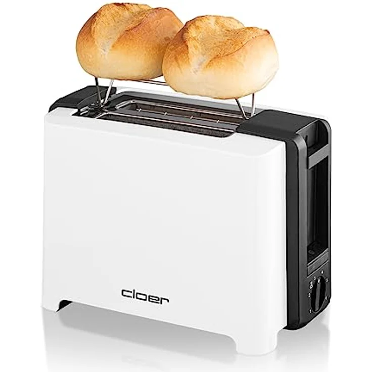 Cloer 3531 Doppelschlitztoaster, 900W, 6 Bräunungsstufen, mit Brötchenrost und Krümelschublade, weiß, schwarz – Bild 4