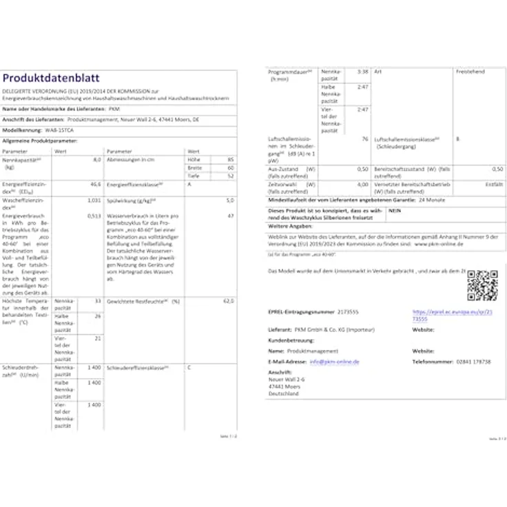 PKM WA8-15TCA Waschvollautomat 1400 UpM, 8 kg Fassungsvermögen, 15 Programme, Dampf-Funktion, bürstenloser Motor – Bild 6