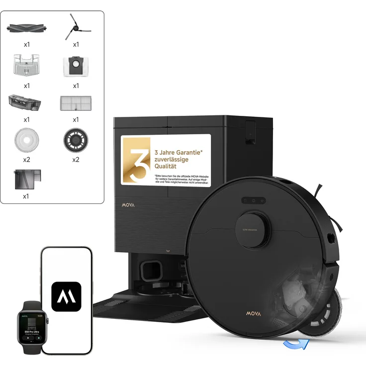 MOVA E50 Pro Ultra Saugroboter, 30.000 Pa Saugkraft, 12 N TurboScrub, 100°C Moppwäsche, All-in-One-Station, 225 Min. Laufzeit