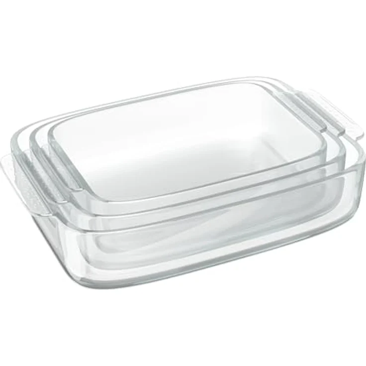 Relaxdays Auflaufform Set, Glas, 3 Größen, eckig, Ofenform für Lasagne, Gratin, Tiramisu, spülmaschinenfest, transparent – Bild 1