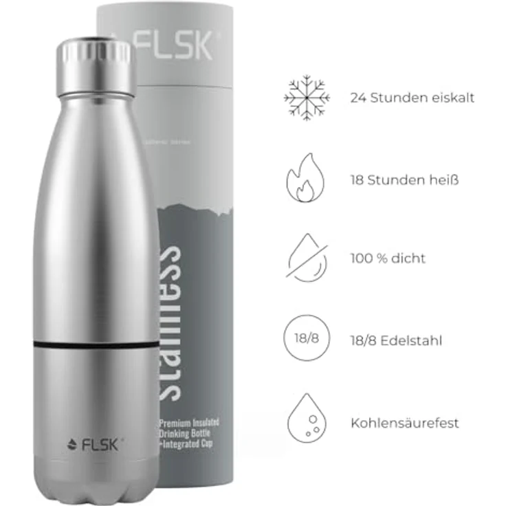 FLSK Trinkflasche mit integriertem Becher, Premium Edelstahl Thermosflasche, 2-in-1 System, 100% auslaufsicher, hält 24h kalt & 18h heiß, BPA-frei, Edelstahl – Bild 5
