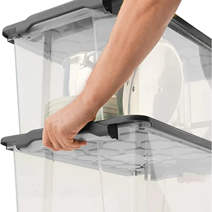 Rotho Evo Safe Keeping, 3er-Set Aufbewahrungsbox 65l mit Deckel, lebensmittelechter Kunststoff, transparent/anthrazit, stapelbar, mit 4 Rollen – Bild 3