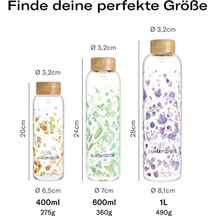 Waterdrop® Edition Glass Bottle 600ml Trinkflasche Glas auslaufsicher, Kohlensäure geeignet | BPA freie Wasserflasche inkl. Neoprenhülle | Spülmaschinenfeste, Leichte Borosilikat Glasflasche – Bild 5