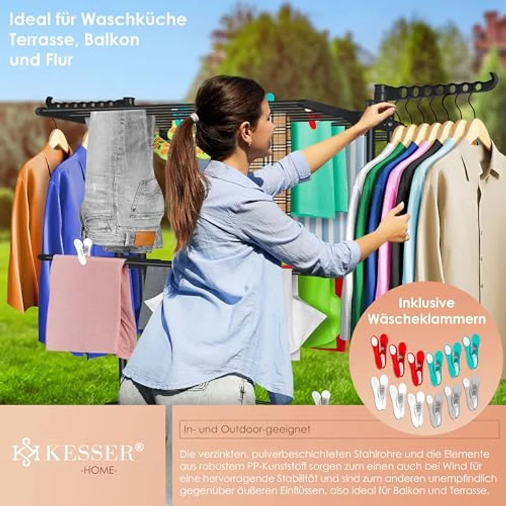 KESSER® Wäscheständer-Turm, platzsparender Wäschetrockner mit 4 Etagen, 2 drehbaren Seitenflügeln, 6 klappbaren Ebenen und 360° Rollen, für Innen & Außen, inkl. Klammern – Bild 4