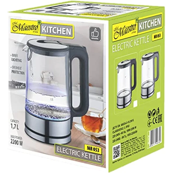 Maestro MR-053 Elektrischer Glas-Wasserkocher mit LED-Beleuchtung 360° Basis Edelstahl 2200W, 1,7L Fassungsvermögen, Überhitzungs- und Sicherheitsvorrichtung, Automatische Abschaltung. - Preisvergleich – Bild 3