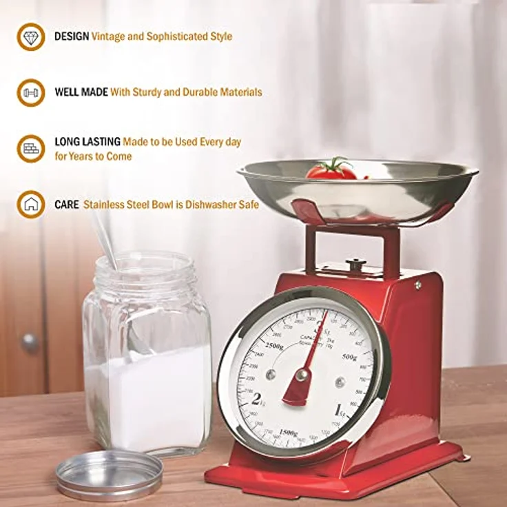 Premier Housewares Küchenwaage im Retrolook mit Edelstahlschale, rot – Bild 6