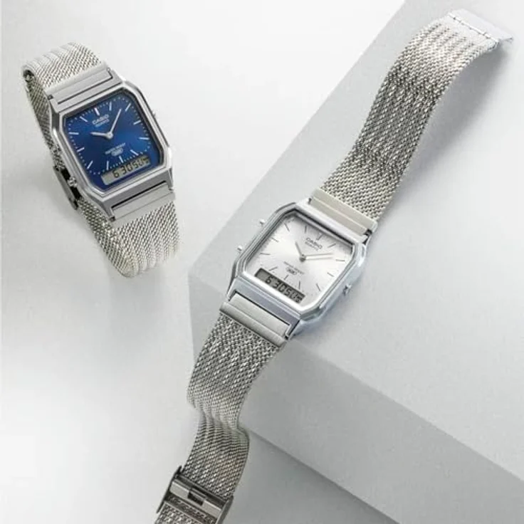 Casio Uhr Vintage Edgy Collection AQ-230EM-7A, Armbanduhr mit schmalem Gehäuse und analogen Zeigern, Silber/Blau – Bild 5