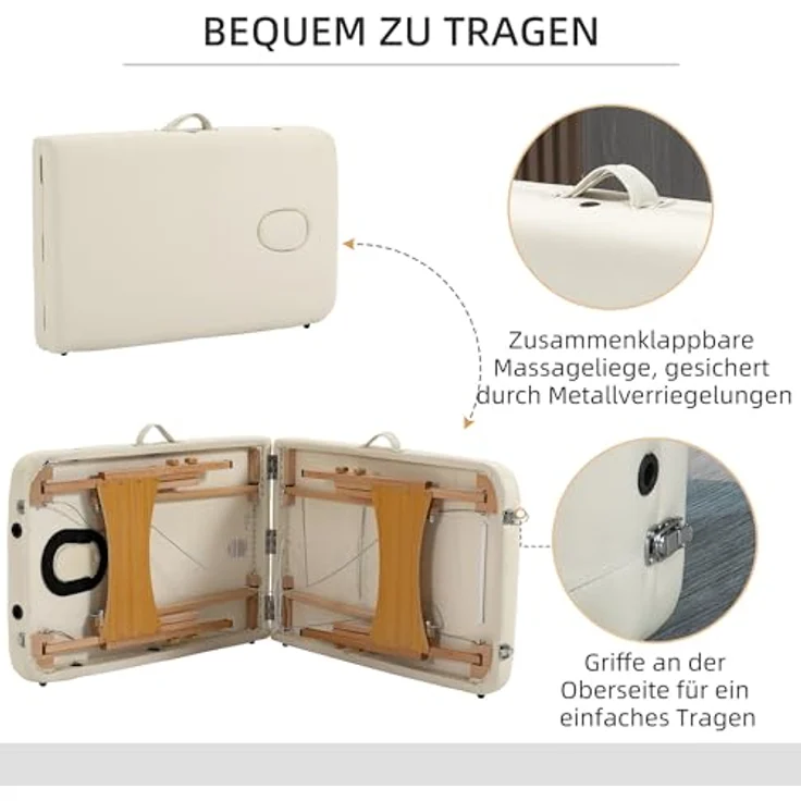 HOMCOM Massagetisch, faltbar, höhenverstellbar, aus Buchenholz, weiß, 182x87x60 cm, bis 250 kg belastbar, inkl. Tragetasche – Bild 6