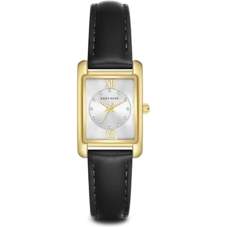 Eastside Damen Uhr 10080150, analoge Quarzwerk-Uhr mit rechteckigem Gehäuse, schwarzem Echtlederarmband und Mineralglas