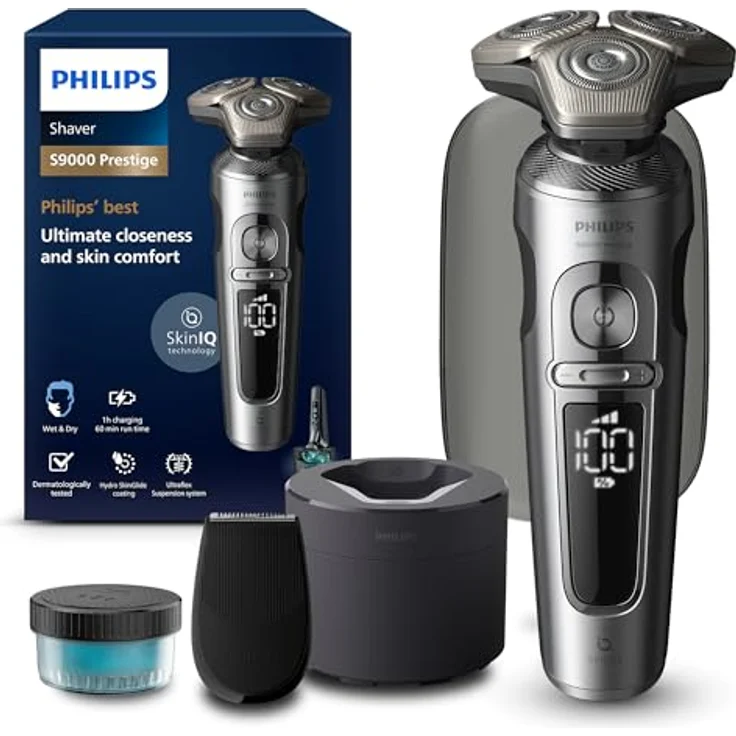 Philips Shaver S9000 Prestige, elektrischer Nass- und Trockenrasierer, helles Chrom, Lift & Cut-Rasiersystem, SkinIQ Technologie, Präzisionstrimmer, Reinigungsstation und Reiseetui, Modell SP9841/32 – Bild 1