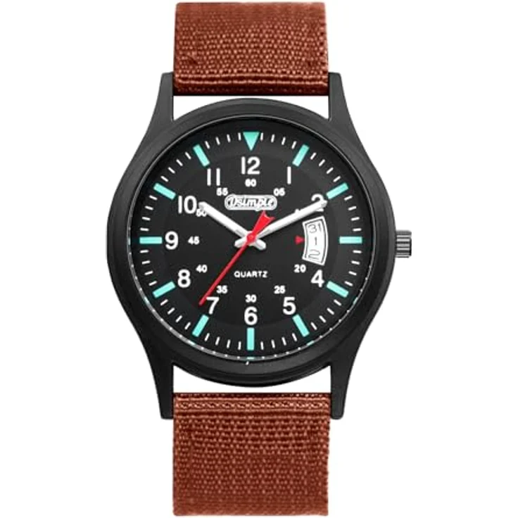 JewelryWe Militär Herrenuhr, Leuchtende Kalender Analog Quarz Armbanduhr mit Braunem Nylonarmband, Spritzwassergeschützt, 12/24-Stunden Zifferblatt, Schwarz – Bild 1
