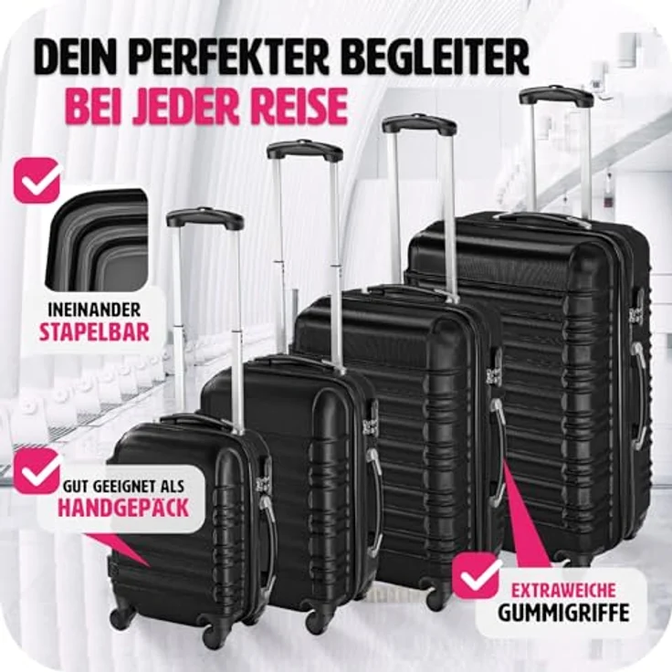 tectake 4 TLG Reisekoffer Set, Hartschalenkoffer Set, Trolley Kofferset, ABS Hartschalen Reisekofferset, Reisetasche, Trolley, Gepäck, Koffer Set, 4 Rollen, 360 Grad drehbar, Teleskopgriff - schwarz – Bild 4