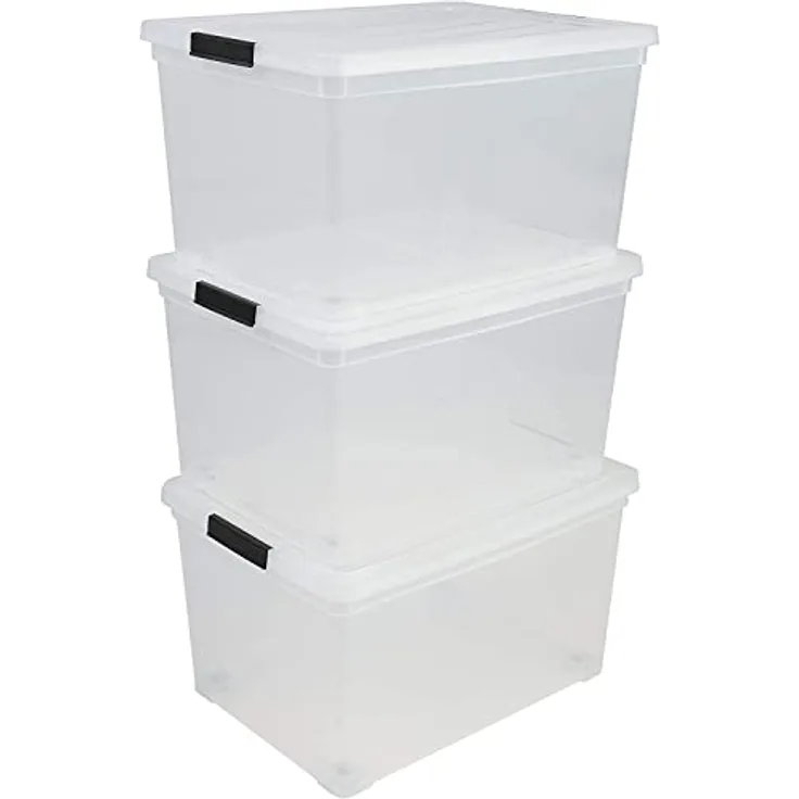 Iris Ohyama, Aufbewahrungsbox aus Kunststoff, 50 l Büro-Aufbewahrungsbox, 3er-Set, NCS-320, transparent, stapelbar, Verschlussclips ? B54 x T39,5 x H30,5 cm
