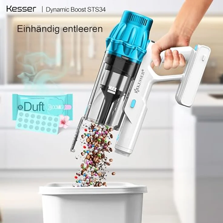 KESSER® Akku Staubsauger STS34, kabellos mit 70 Min. Laufzeit, HEPA-Filter und LED Display, beutellos mit Anti-Tangle-Bodenbürste für Hartböden und Teppiche – Bild 4