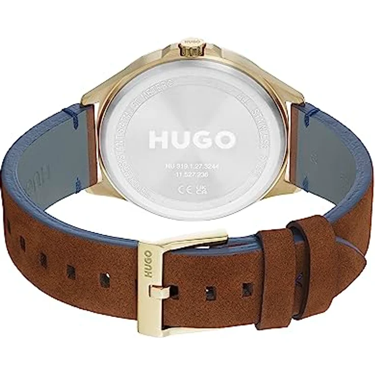 HUGO #Smash, Analog Quarzuhr für Herren mit blauem Sonnenstrahlen-Zifferblatt und braunem Lederarmband, 43 mm, wasserabweisend bis 5 bar – Bild 3
