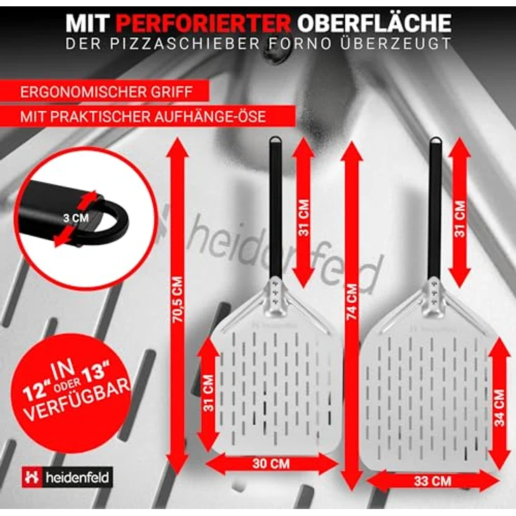 Heidenfeld Premium Pizzaschieber Forno | Pizzaschaufel perforiert - Große Fläche 34.0 x 33.0 cm - Griff ergonomisch 31.0 cm - Pizza Zubehör - Pizzapfanne (Forno 13 Zoll) - Satinierter Griff, temperaturbeständig, rostfrei – Bild 4