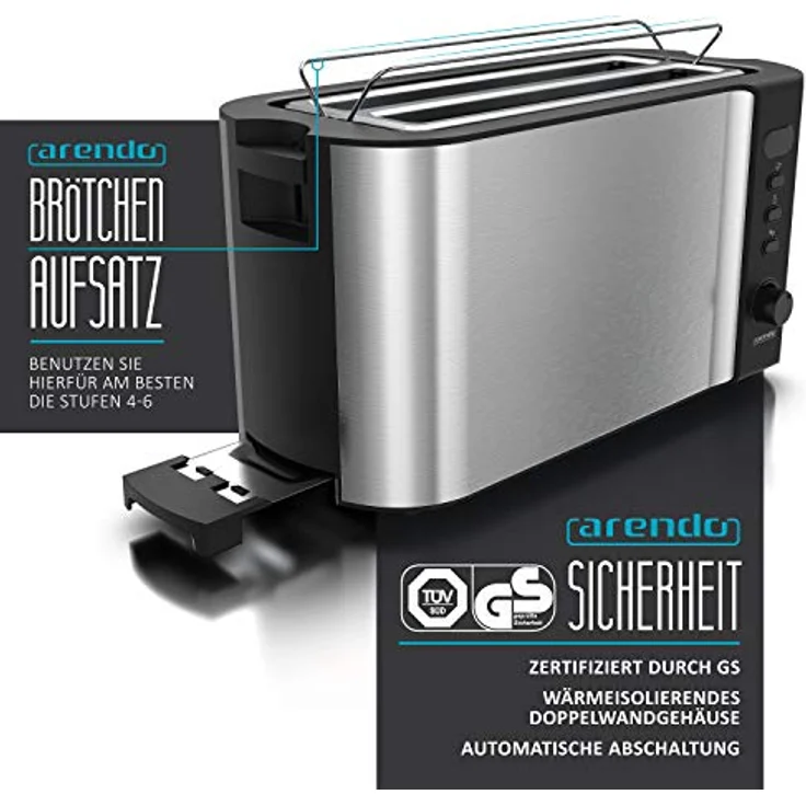 Arendo Edelstahl Toaster Langschlitz 4 Scheiben - Defrost Funktion - wärmeisolierendes Gehäuse - mit integrierten Brötchenaufsatz - 1500W - Krümelschublade - Display mit Restzeitanzeige - silber – Bild 3