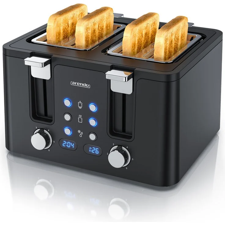 Arendo MANANA X2 Toaster, 4-Scheiben Edelstahl, 1750 W, mit Brötchenaufsatz, Restzeitanzeige und 6 Bräunungsgraden, Schwarz