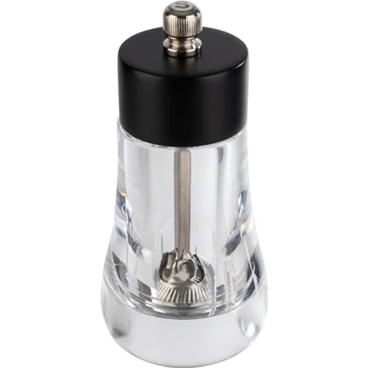 APS 40582 Pfeffermühle, Gewürzmühle aus Acryl und Edelstahl schwarz, stufenlos einstellbarer Mahlgrad, Ø 6 cm, Höhe 13 cm