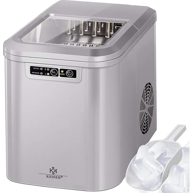 KESSER® Eiswürfelbereiter | Eiswürfelmaschine Edelstahl | Ice Maker | 12 kg 24 h | Zubereitung in 7 min | 2,2 Liter Wassertank | 2 Eiswürfel-Größen | LED-Display | Selbstreinigungsfunktion | Silber
